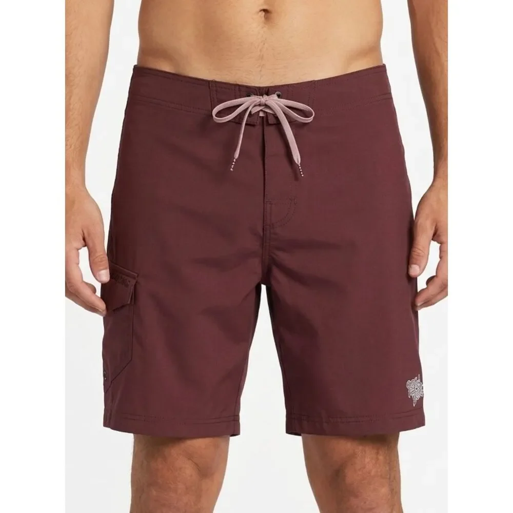 Vintage Y2K Era Billabong Maroon Polyester Cargo Board Shorts Size 36